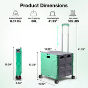 Folding Utility Cart Rolling Crate Handcart,165LBS Durable Heavy Duty, 60L Foldable Shopping Cart,for Groceries, Tools, Office, Teacher, Storage - Hombetta
