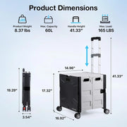 Folding Utility Cart Rolling Crate Handcart,165LBS Durable Heavy Duty, 60L Foldable Shopping Cart,for Groceries, Tools, Office, Teacher, Storage - Hombetta