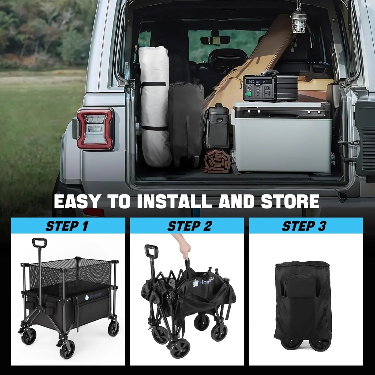 Heavy Duty All-Terrain Folding Utility Cart with Brake, 150L–300L Expandable Double Decker, Large Wheel for Camping, Beach, Sports, Grocery & Outdoor - Hombetta